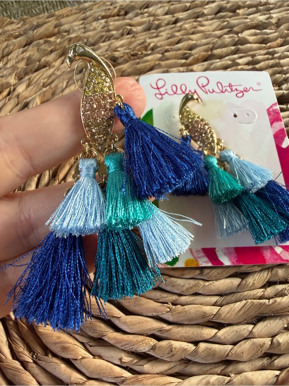 Lilly Pulitzer Gold Parrot Tassel Earrings -New On Card Shades of Blues 💙🩵POST - Picture 5 of 5